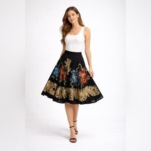 Handmade Art to Wear Black Floral Skirt Gold Print A-Line Midi Boho Chic